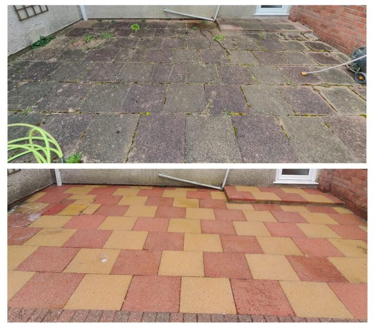 Before After Photo of Coloured Concrete Slab Patio Being Cleaning in Bristol