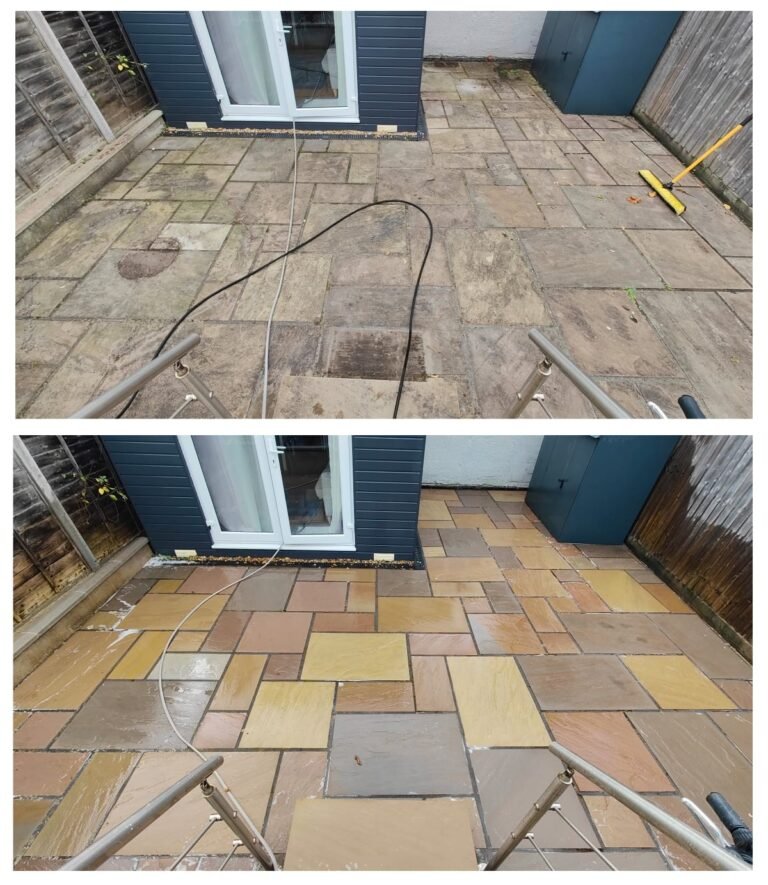 Before After Photo of Indian Sandstone Patio that was Cleaned in Bristol