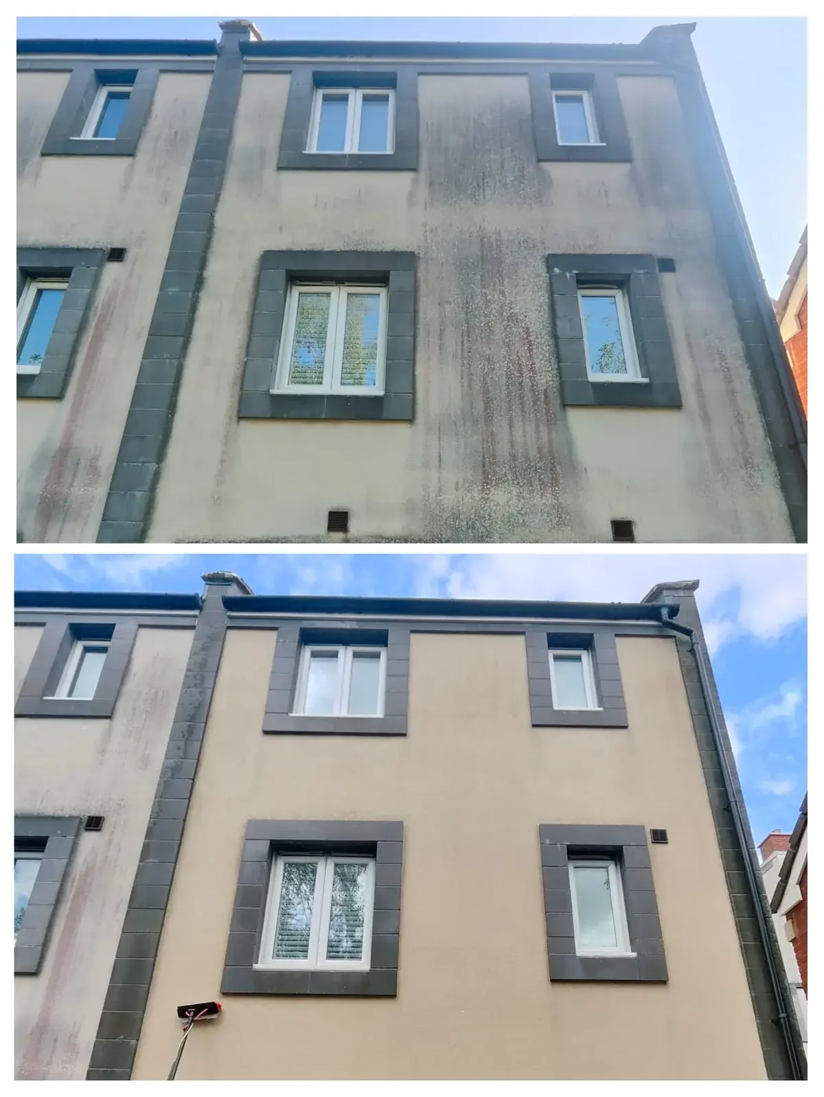 A building facade before and after cleaning.- Bristol Pressure Washing